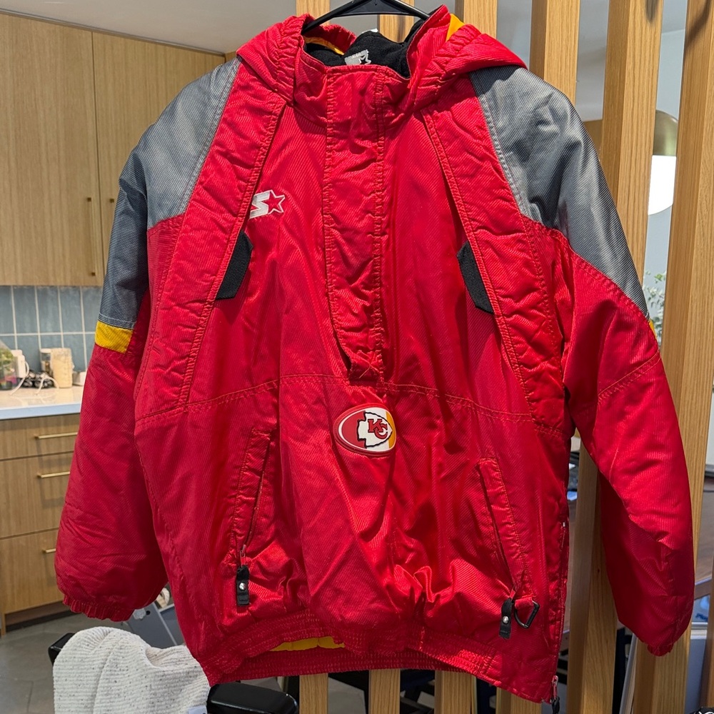 STARTER Red Hooded Puff Jacket with Gray Shoulders and Yellow Trim